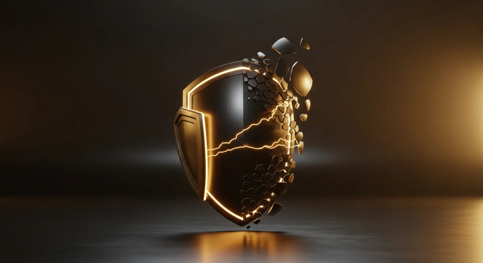 A glowing golden shield of light re-knitting a broken thread of particles back together