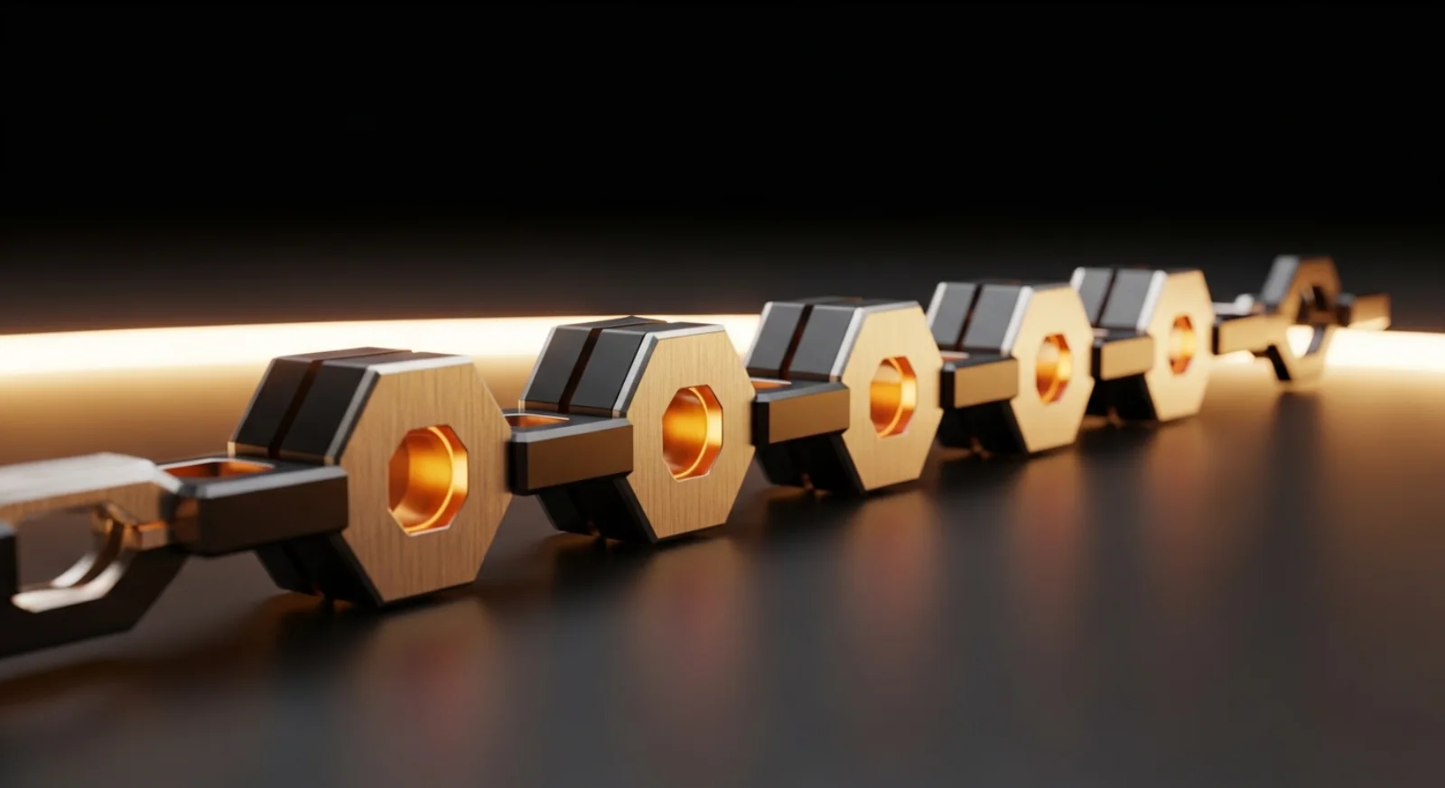 An abstract golden chain of interlocking links receding into dark space, a tamper-evident audit trail